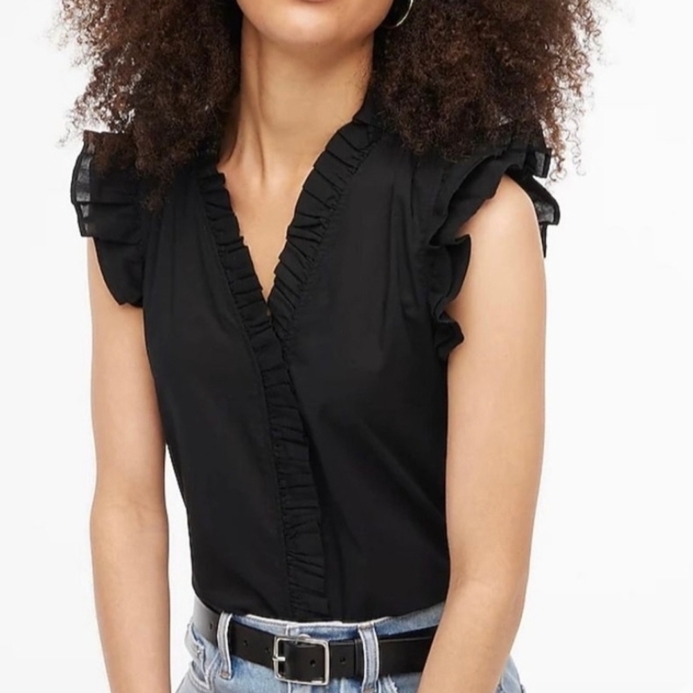 J. Crew Black Ruffled V-Neck Blouse